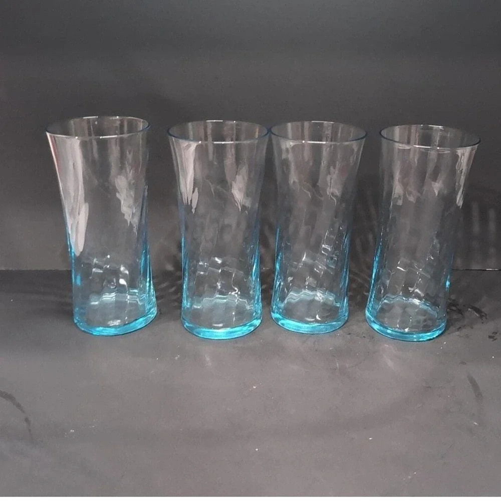 Wheaton‎ Blue Tint Highball Glasses, Set of 4, Vintage Optic Swirl Pressed Glass